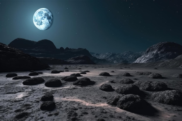 Un paysage lunaire avec des cratères et des étoiles dans le ciel nocturne créé avec l'AI générative