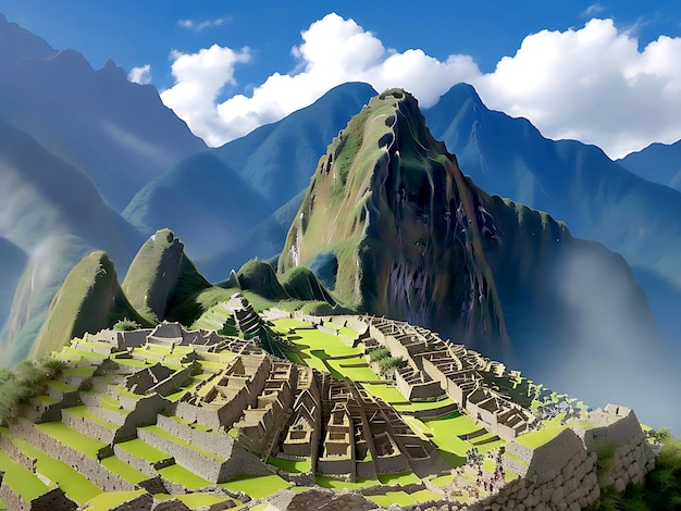 Paysage de Machu Picchu sous la lumière du soleil et un ciel bleu au Pérou