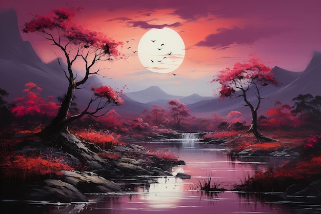 Un paysage magenta avec une nature fantastique.