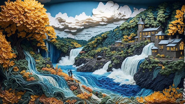 Paysage magique de cascade avec un design artistique en papier filigrane quilling