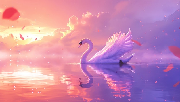 Le paysage magique du coucher de soleil rose avec les lumières scintillantes du cygne Les cygnes nagent dans la lumière du soleil de l'eau