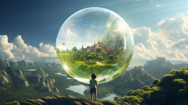 Paysage magique avec un enfant tenant une bulle