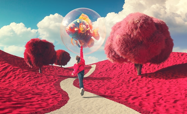 Paysage magique avec un enfant tenant une bulle