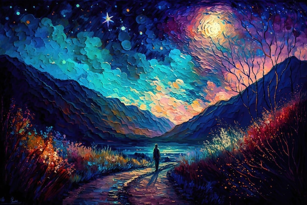 Paysage magique de fantaisie scénique avec étoiles, peinture à l'huile et texture de couteau à palette