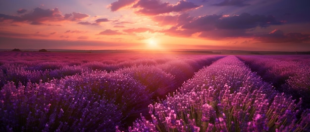 Un paysage magnifique avec un champ de lavande au coucher du soleil