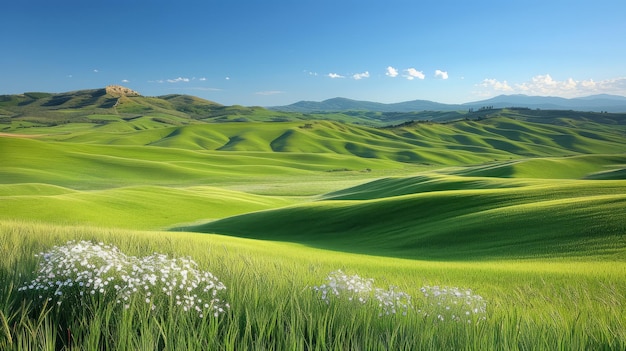 Photo un paysage magnifique de collines vertes avec des fleurs blanches