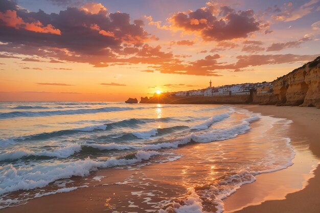 Paysage d'un magnifique coucher de soleil se reflétant sur la mer depuis la plage de l'Algarve portugais