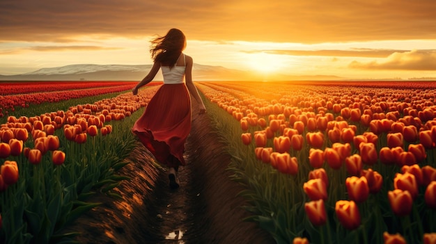 Paysage magnifique femme courant dans un champ de tulipes au coucher du soleil