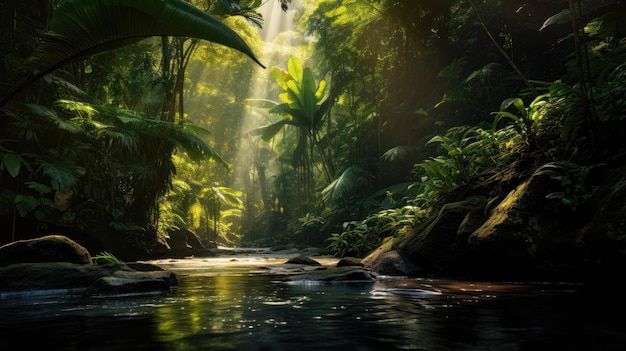 Un paysage magnifique d'une forêt tropicale verte avec une rivière au centre