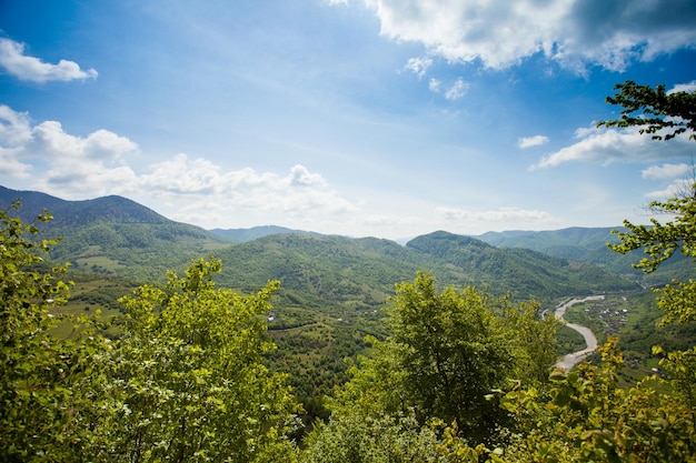 Un paysage magnifique de montagne verte est sur fond de ciel bleu nuageux.