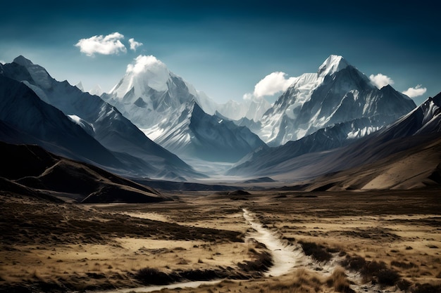 Un paysage magnifique et serein d'une chaîne de montagnes avec un ciel bleu clair et des sommets enneigés ai générative