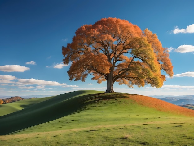 Un paysage magnifique avec une vaste étendue de ciel bleu clair vallant des collines vertes et un seul majes