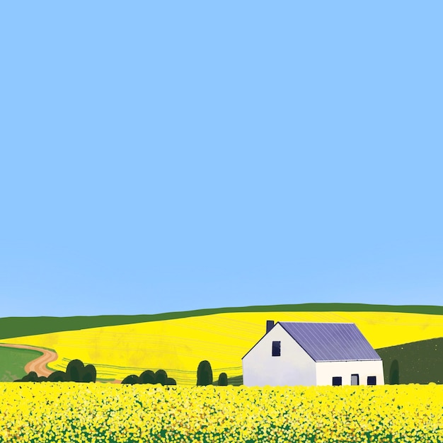 Photo paysage de maison avec champ de fleurs jaunes