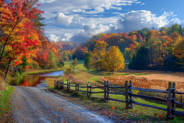 Paysage majestueux d'automne avec un feuillage vibrant, une rivière tranquille et une clôture de bois rustique le long