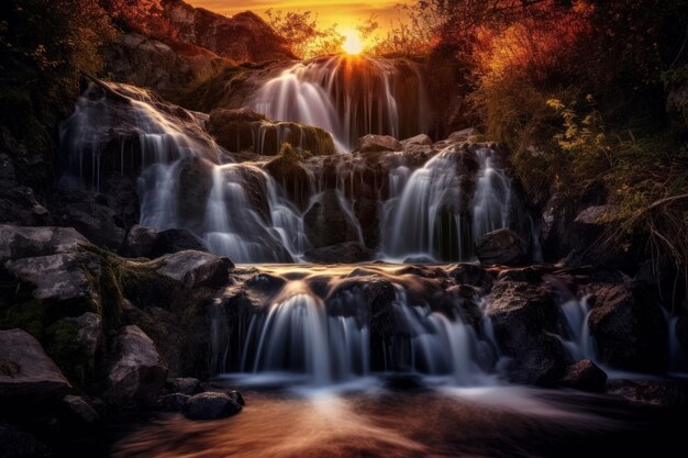 Paysage majestueux d'une cascade descendant d'une falaise au coucher du soleil.