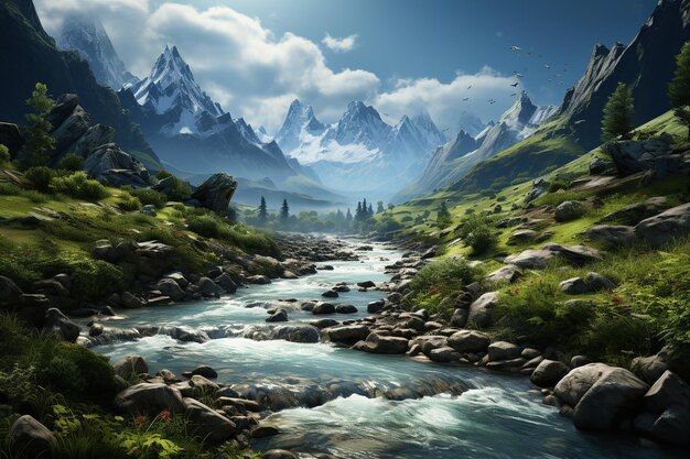 paysage majestueux comprenant une chaîne de montagnes à couper le souffle avec une cascade en cascade et une flore vibrante