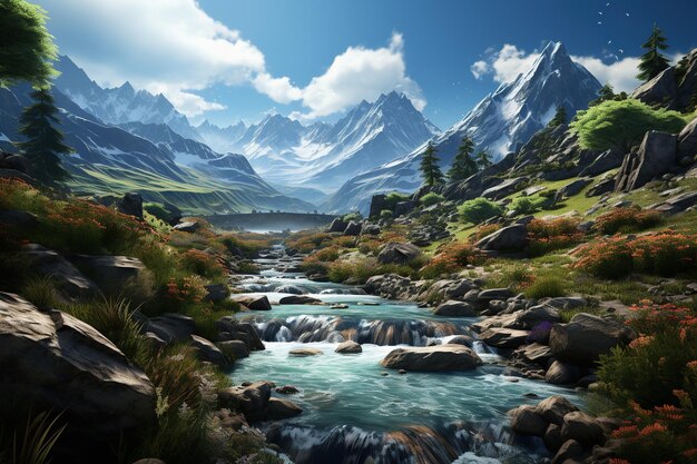 paysage majestueux comprenant une chaîne de montagnes à couper le souffle avec une cascade en cascade et une flore vibrante