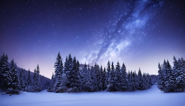 Photo paysage majestueux avec forêt la nuit d'hiver avec des étoiles dans le ciel fond de paysage