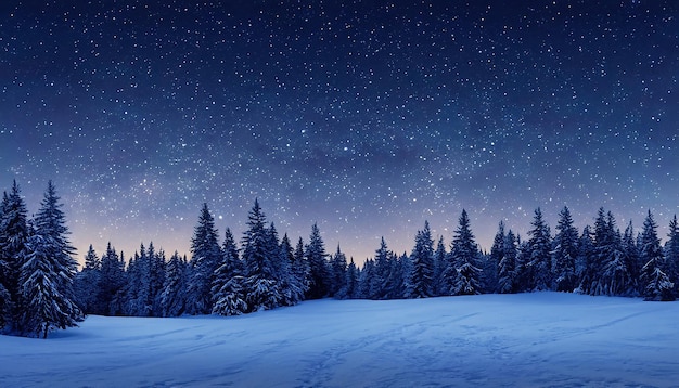 Photo paysage majestueux avec forêt la nuit d'hiver avec des étoiles dans le ciel fond de paysage