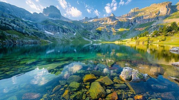 Le paysage majestueux des montagnes avec le lac cristallin, les sommets rocheux et la verdure luxuriante par jour ensoleillé