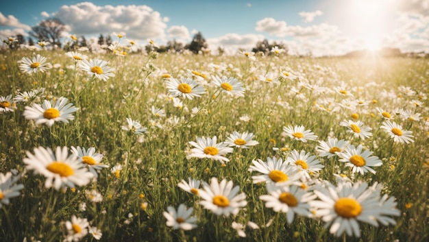 paysage des marguerites blanches dans les belles rizières avec le soleil qui brille dans la prairie