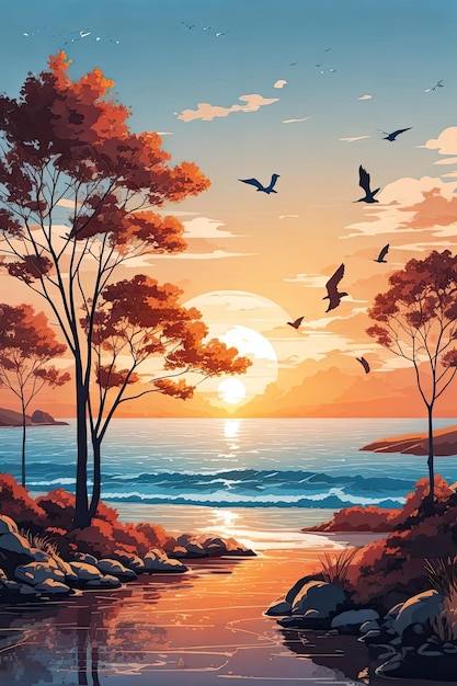 Paysage marin avec arbres, oiseaux et coucher de soleil