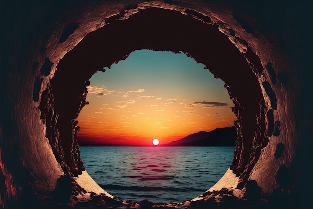 Paysage marin au coucher du soleil avec un troublant tunnel creux