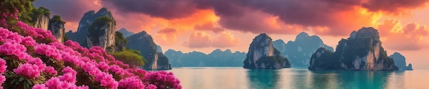 Un paysage marin à couper le souffle avec un ciel nuageux peint par les teintes d'un coucher de soleil et des rochers imposants ornés de belles fleurs roses au premier plan