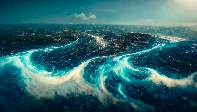 Paysage marin fantastique avec de belles vagues et de la mousse Mousse sur les vagues d'eau Vue de dessus des vagues de l'océan Fond d'eau de colombe Illustration 3D