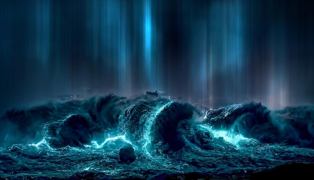 Paysage marin fantastique de nuit avec de belles vagues et de la mousse Vue nocturne de l'océan Mousse de néon sur les vagues d'eau Réflexion dans l'eau du ciel étoilé Illustration 3D