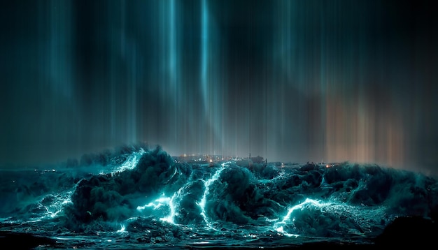 Paysage marin fantastique de nuit avec de belles vagues et de la mousse Vue nocturne de l'océan Mousse de néon sur les vagues d'eau Réflexion dans l'eau du ciel étoilé Illustration 3D