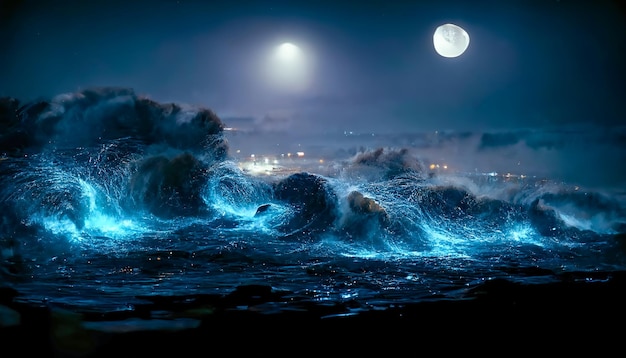 Paysage marin fantastique de nuit avec de belles vagues et de la mousse Vue nocturne de l'océan Mousse de néon sur les vagues d'eau Réflexion dans l'eau du ciel étoilé Illustration 3D