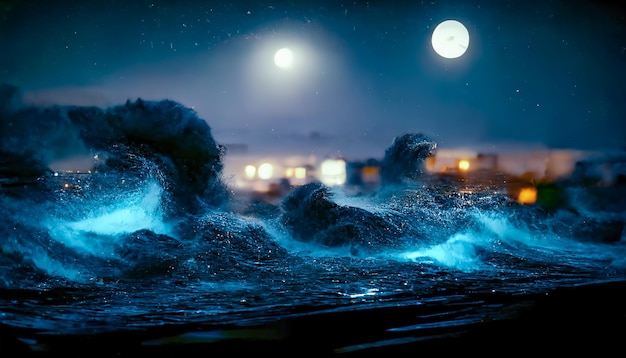 Paysage marin fantastique de nuit avec de belles vagues et de la mousse Vue nocturne de l'océan Mousse de néon sur les vagues d'eau Réflexion dans l'eau du ciel étoilé Illustration 3D