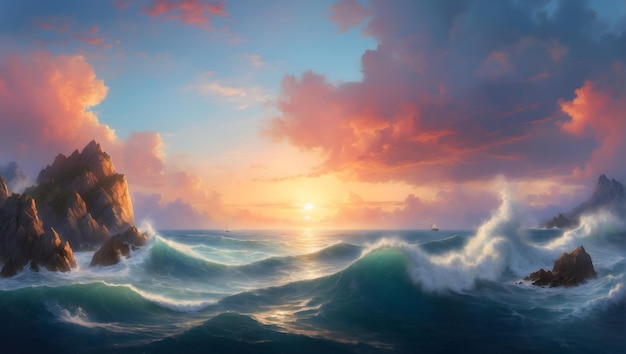 Un paysage marin majestueux au coucher du soleil avec des vagues écrasantes des couleurs vives une atmosphère sereine des ombres réalistes