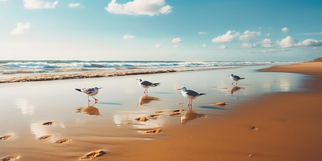 Photo paysage marin avec des mouettes sur une plage de sable