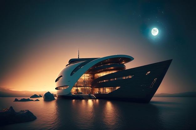 Paysage marin de nuit avec un yacht futuriste Grand yacht moderne grande lune vue nocturne AI