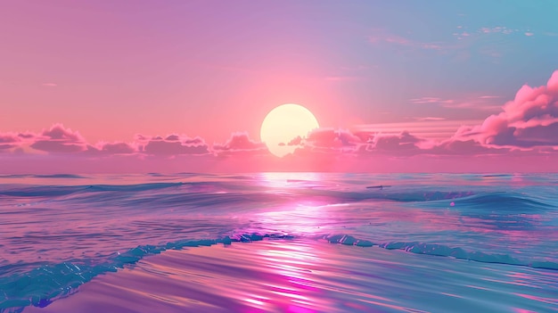 Un paysage marin tranquille avec un soleil couchant jetant une lueur rose et pourpre sur l'eau