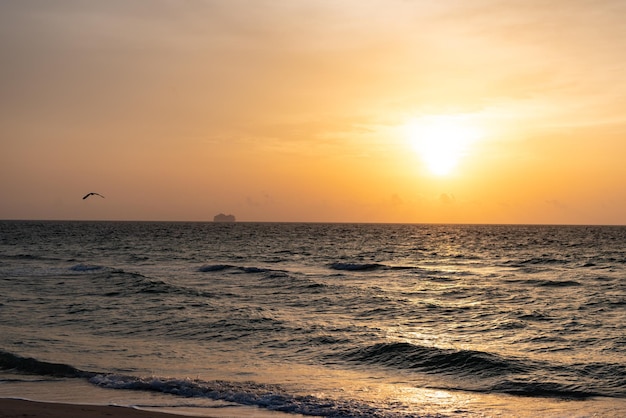 Paysage marin avec des vagues de mer roulant pendant le coucher du soleil sous le ciel du soir