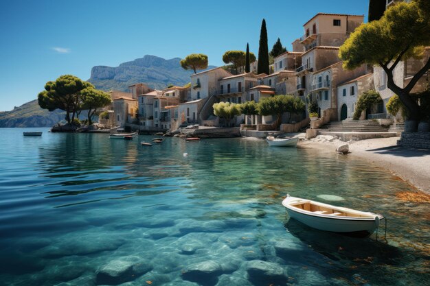 Paysage maritime méditerranéen avec une architecture traditionnelle et un bateau dans une eau bleue cristalline