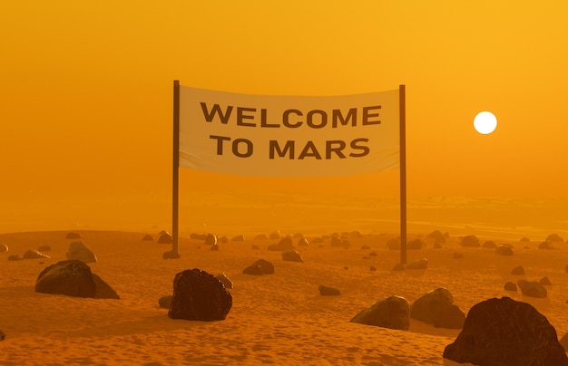 Paysage martien avec un panneau qui dit "BIENVENUE À MARS" et le soleil s'illumine par derrière. Rendu 3D