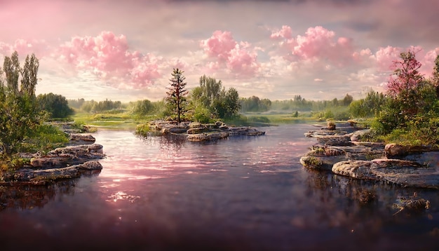 Paysage matin d'été avec vue sur l'étang et les sapins herbe verte sur les rochers ciel rose