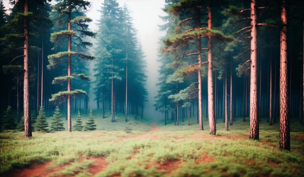 Paysage matin forêt et montagnes avec brouillard Generative AI