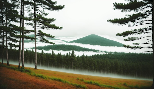 Paysage matin forêt et montagnes avec brouillard Generative AI