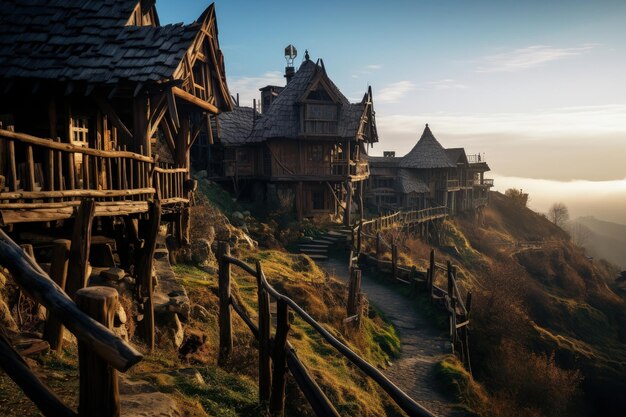 Paysage médiéval avec de vieilles maisons en bois fantaisie et histoire IA générative