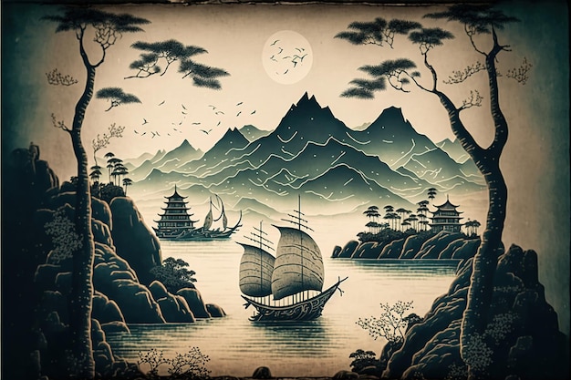Paysage de mer et de montagne à la chinoise Imprimer pour votre décoration et votre design