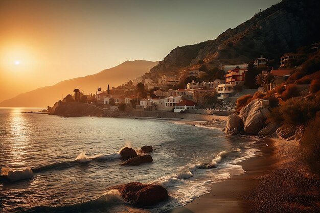 Paysage de mer et de montagnes avec la ville au coucher du soleil coloré