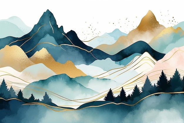 Paysage minimal d’art vectoriel de montagne avec touche aquarelle