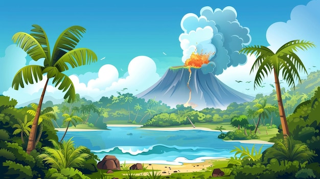 Photo paysage moderne de dessin animé avec un volcan actif et de la fumée sur une île entourée d'eau de mer ou d'océan et d'une forêt tropicale avec des palmiers et des arbustes