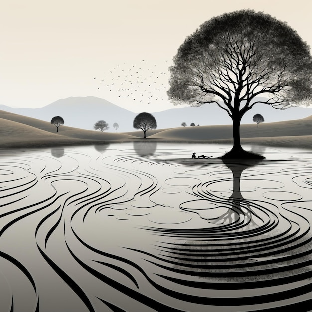 Paysage monochrome Un arbre serein dans l'eau