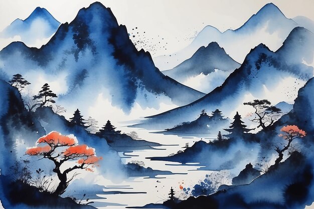 Paysage de montagne abstrait à l'encre indigo de style japonais